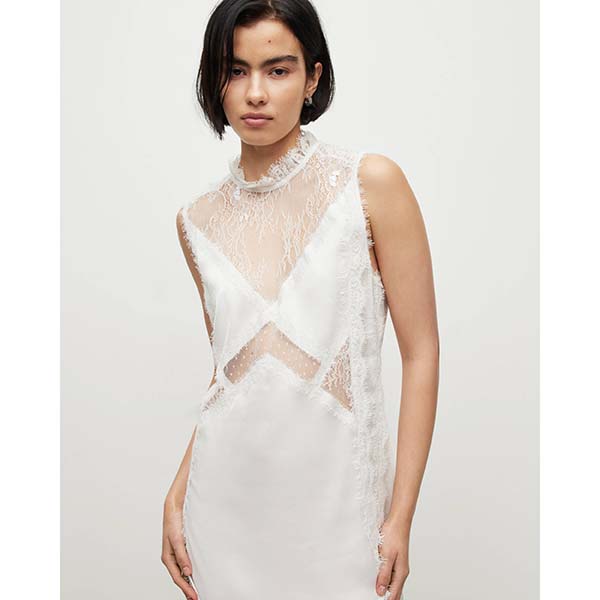 Allsaints Australia Womens Mila Lace Panelled Frill Trim Maxi Dress White AU97-384